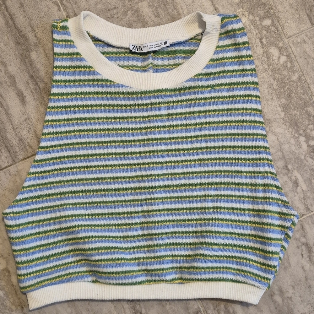 Zara Blue and Green Striped Muscle Tee